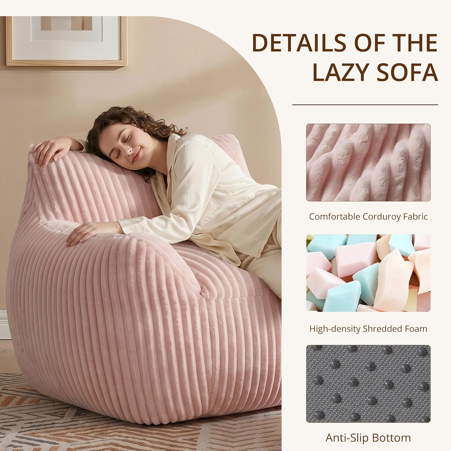 Giant Bean Bag Chair for Adults, Large Bean Bag with Ottoman | Cloud Comfy Bean Bag with Backrest & Armrests, Stuffed Beanbag Chair for Reading, Gaming, Napping, Pink