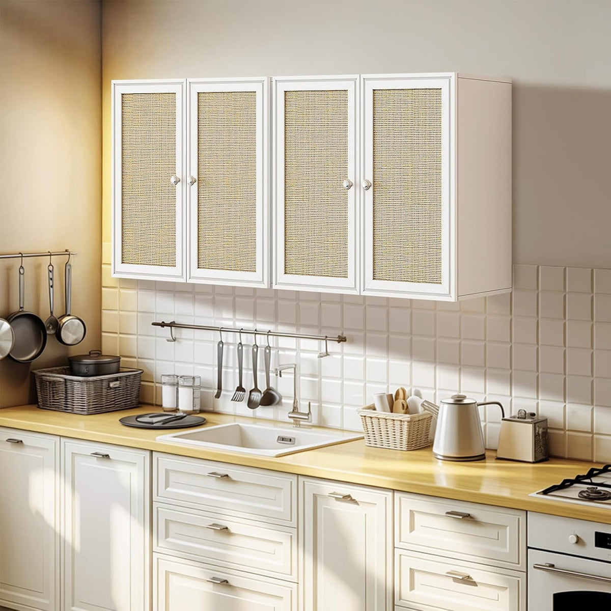 Laundry Room Cabinets with Lights, 24INCH Bathroom Cabinets Wall Mounted with Adjustable Shelves, Rattan Wall Cabinet for Bedroom, Kitchen, Bathroom (2PCS, White)