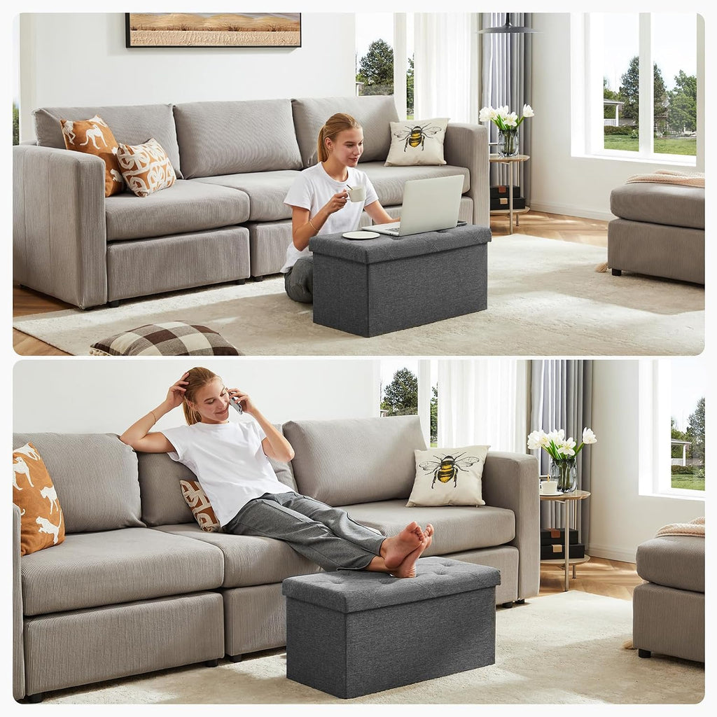 DUMOS 30in Storage Ottoman Bench, Storage Chest | End of Bed Foot Rest Stool with Padded Seat, Bedroom Bench for Living Room, Bedroom, Support 660lbs, Grey