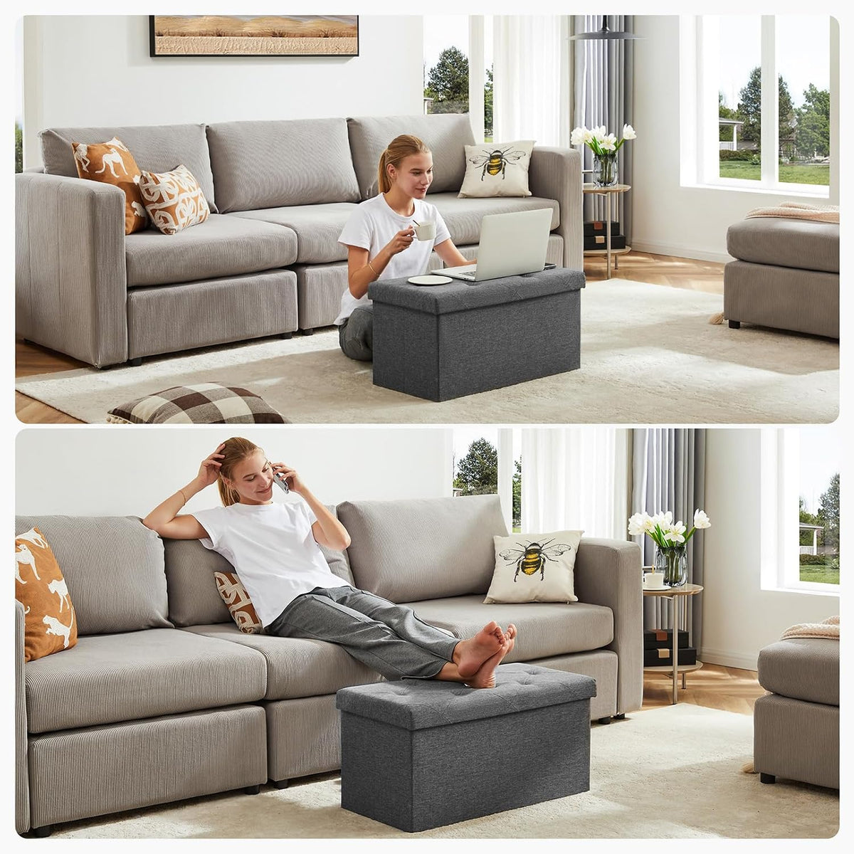 DUMOS 30in Storage Ottoman Bench, Storage Chest | End of Bed Foot Rest Stool with Padded Seat, Bedroom Bench for Living Room, Bedroom, Support 660lbs, Grey