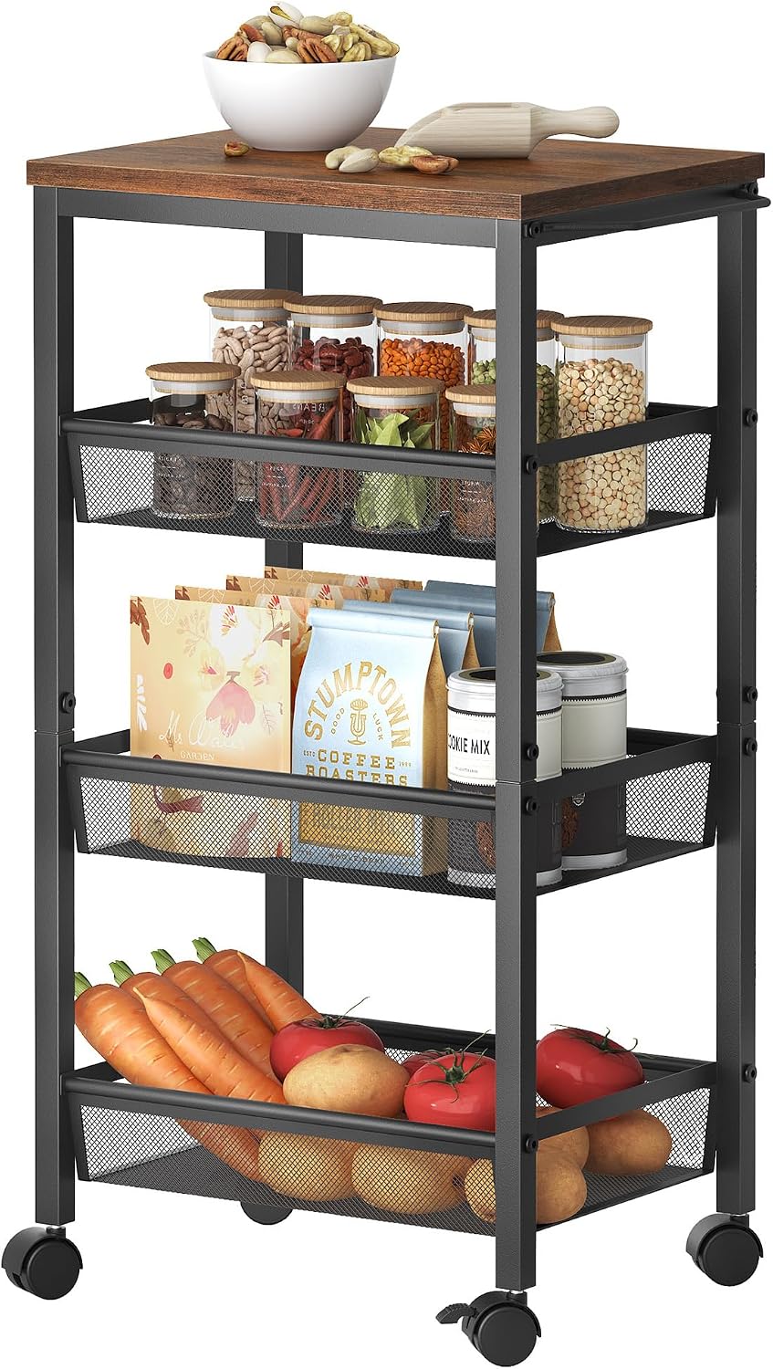 Hoctieon Rolling Storage Cart, 4-Tier 11.8" Wide Panel Kitchen Storage Cart, Utility Carts with Handle & Wheels, Mobile Shelving Unit, Metal Frame Narrow Carts for Home Kitchen, Laundry, Rustic Brown