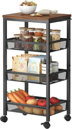 Hoctieon Rolling Storage Cart, 4-Tier 11.8" Wide Panel Kitchen Storage Cart, Utility Carts with Handle & Wheels, Mobile Shelving Unit, Metal Frame Narrow Carts for Home Kitchen, Laundry, Rustic Brown