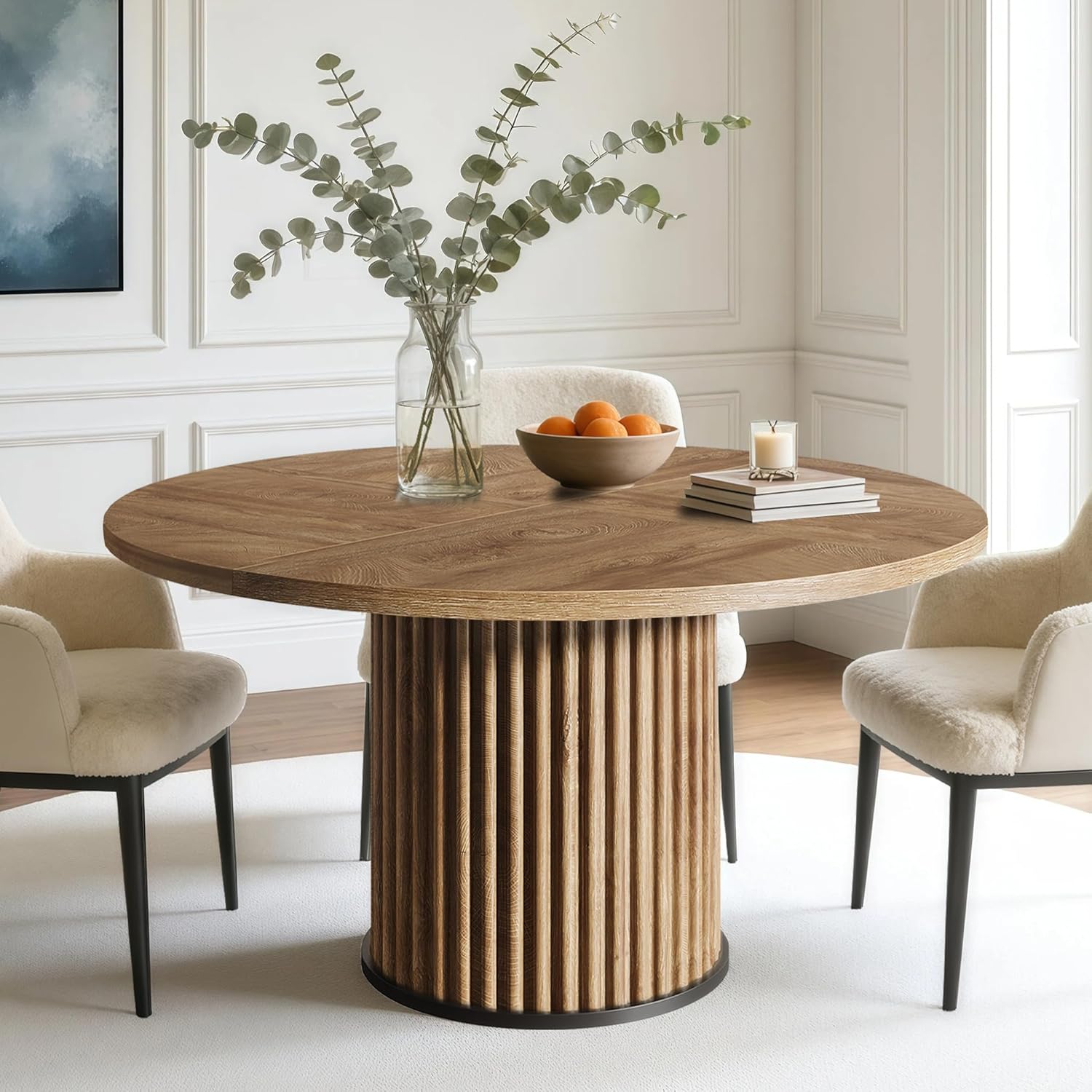 Oigavfd Black Round Dining Table for 4-6 People 47" Circle Dining Table with MDF Top and Fluted Base Round Kitchen Tables Sturdy 300 Lbs for Family Gatherings (Brown)