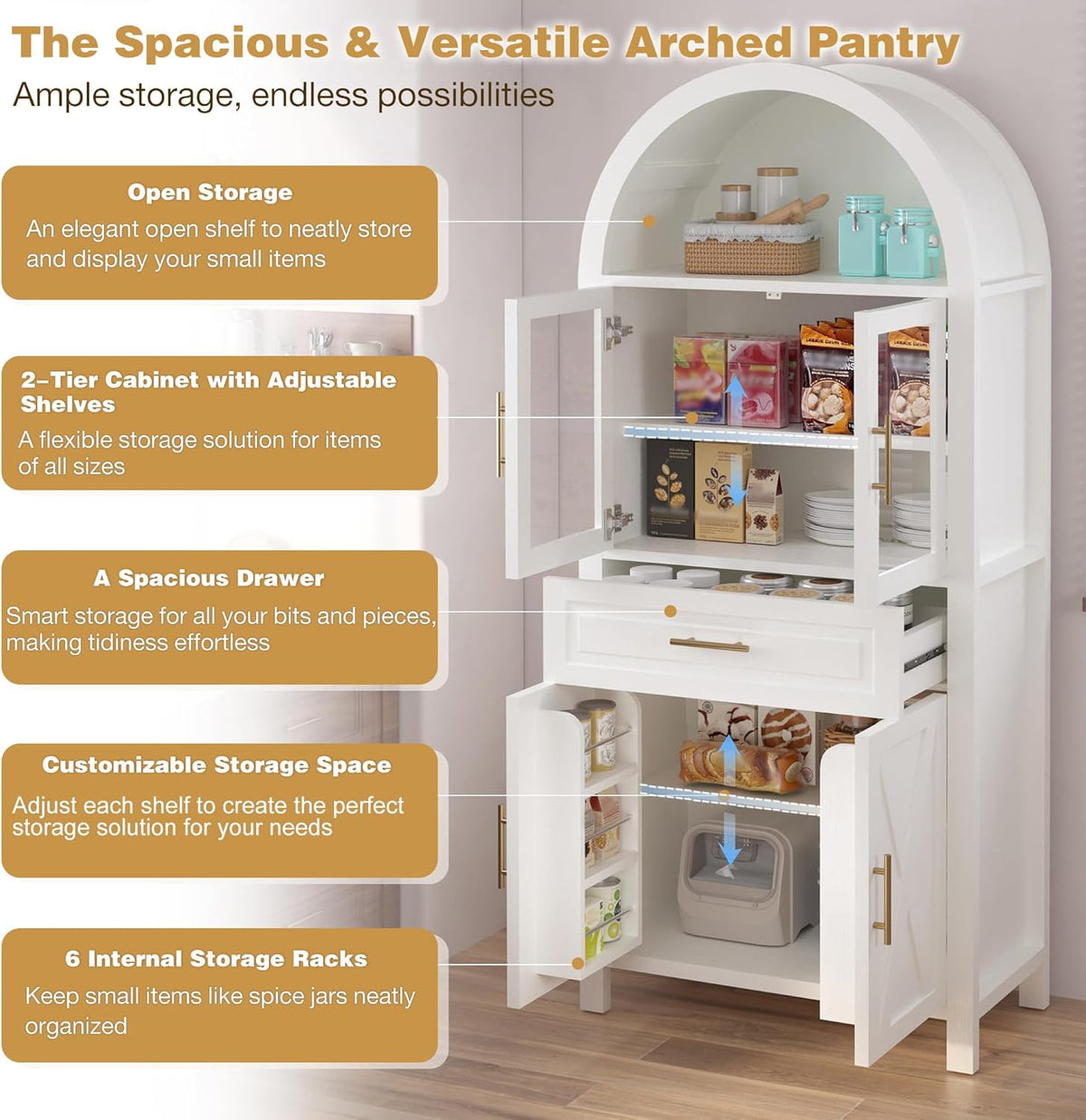 71" Tall Arched Kitchen Pantry Cabinet with Glass Door,Farmhouse Modern Wood Arched Cabinetsw/Adjustable Shelves & Drawer, Accent Cabinet with Barn Door for Kitchen, Living & Dining Room, Bathroom