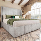 LARMACE Queen Size Bed Frame 54.2" Extra Tall Wingback Headboard, Lambswool Upholstered Platform Bed with Legs Featuring Built-in Charging Ports, Wood Slats, No Box Spring Needed,Light Grey