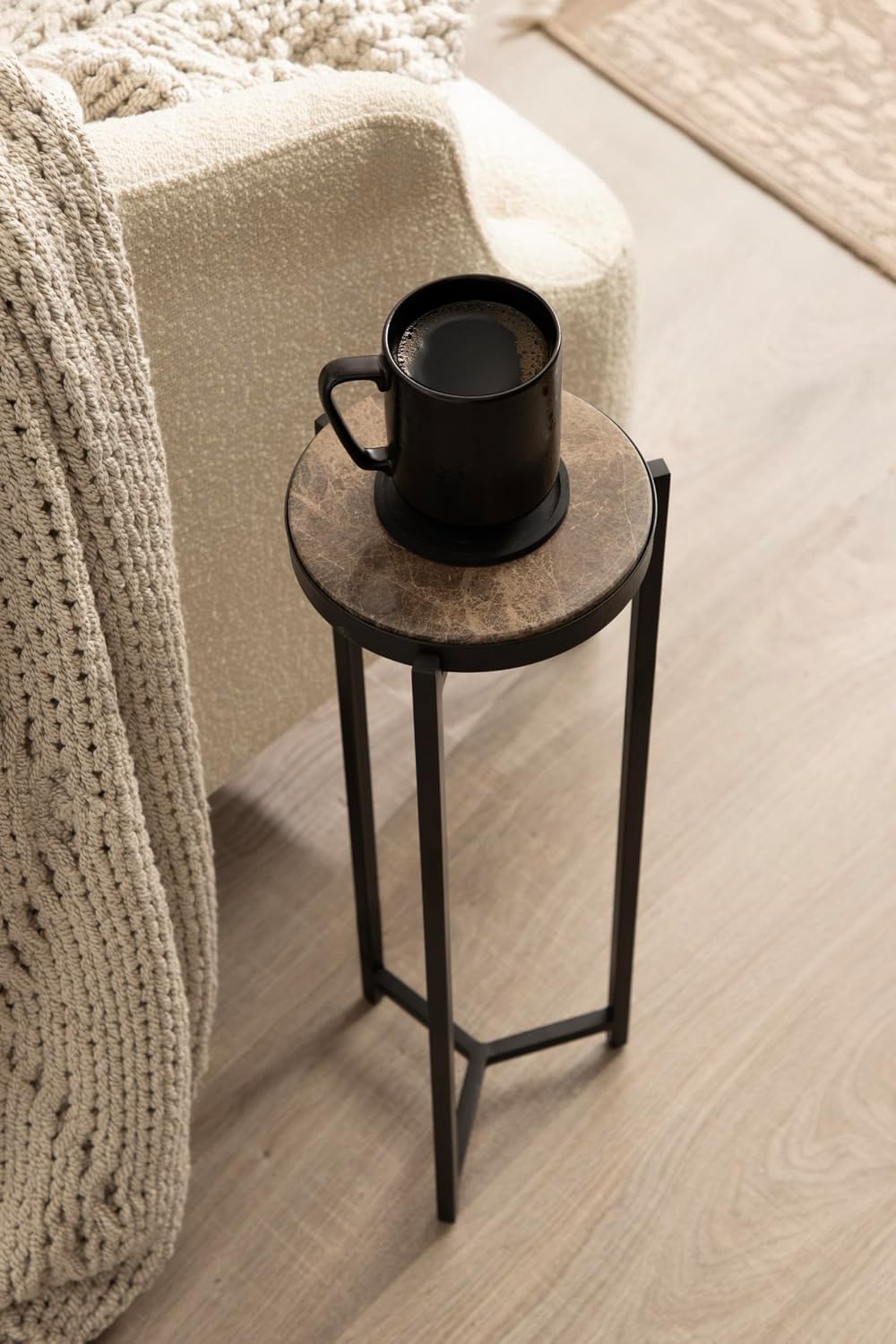 Kate and Laurel Aguilar Modern Round Drink Table, 9 x 9 x 23, Emperador Brown Marble and Black, Genuine Marble Accent Table for Use as Indoor Plant Stand or Pedestal Martini Table