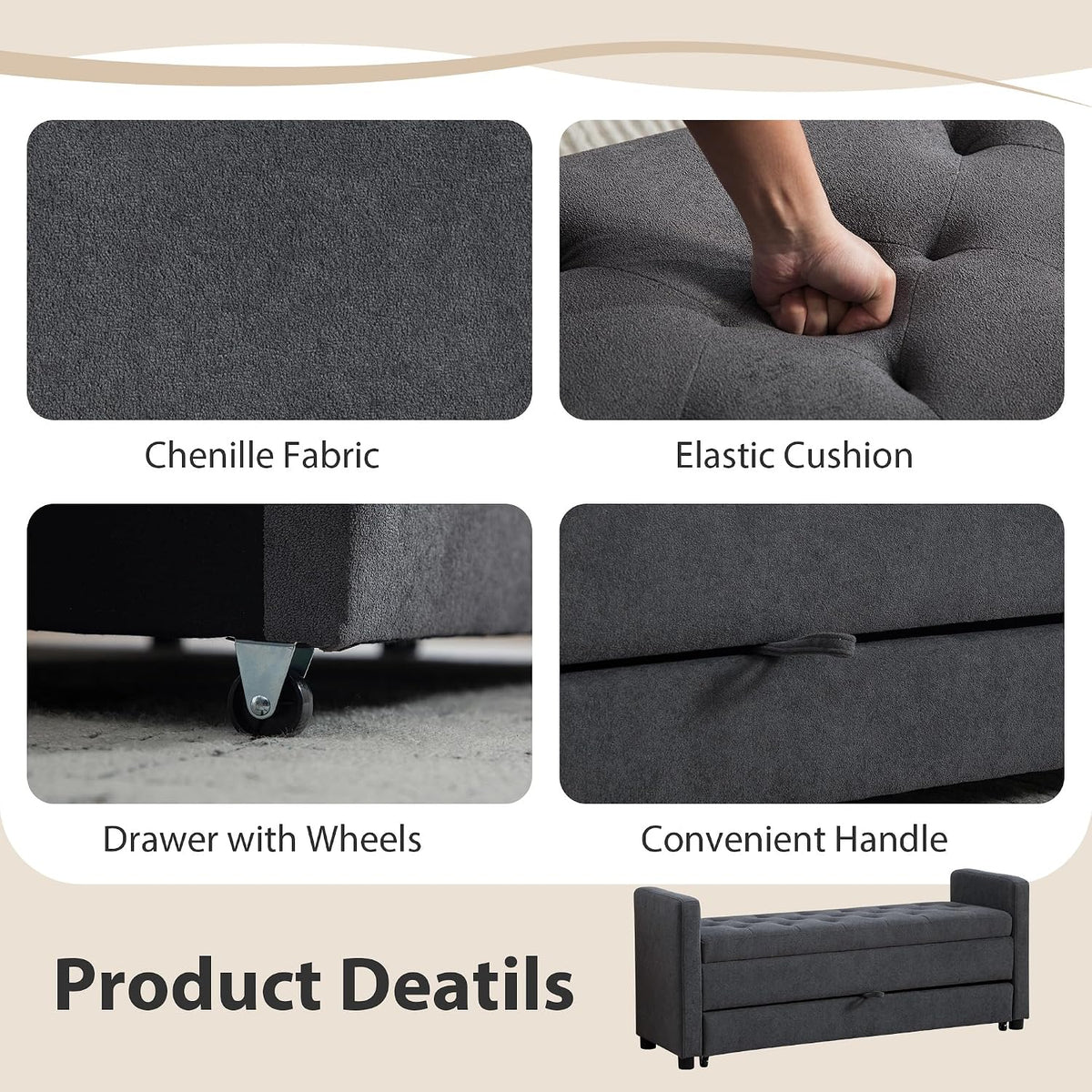 Chifee & Vingol 58.27" W Ottoman Bench with Double Storage Space, Upholstered End of Bed Storage Bench Entryway Shoe Benches,Gray