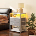 AODK 27.6" H Night Stand with Charging Station and LED Lights, Bed Side Table with 2 Drawers and Open Shelf, Bedside Table for Bedroom, Living Room, White & Light Grey