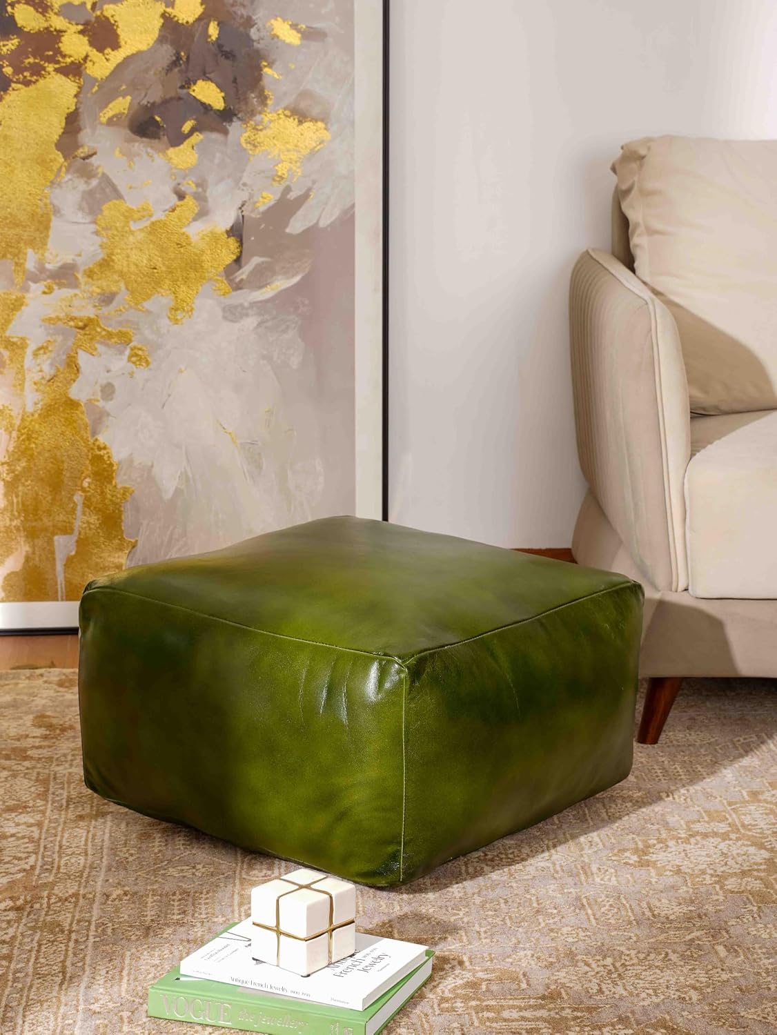 Handmade Eco-Friendly Solid Leather Pouf Green Color Square 21" x 21" x 12" Goat Leather Pouf for Living Room, Bedroom Seating, Patio
