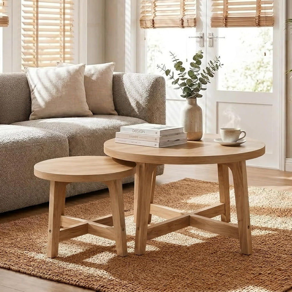 Round Nesting Coffee Tables, Set of 2, Natural Wood Finish Modern Side Tables with X-Shaped Frame, Stackable End Tables for Living Room, Bedroom