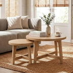 Round Nesting Coffee Tables, Set of 2, Natural Wood Finish Modern Side Tables with X-Shaped Frame, Stackable End Tables for Living Room, Bedroom