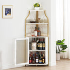 GarveeHome Corner Wine Cabinet with Detachable Wine Rack, 5-Tier Industrial Corner Bar Cabinet with Barn Door and Glass Holder, Farmhouse Buffet Cabinet and Home Bar, Gold