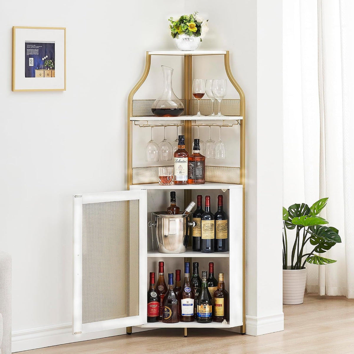 GarveeHome Corner Wine Cabinet with Detachable Wine Rack, 5-Tier Industrial Corner Bar Cabinet with Barn Door and Glass Holder, Farmhouse Buffet Cabinet and Home Bar, Gold