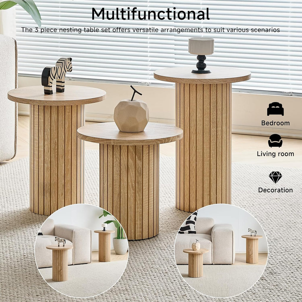 Round Nesting Coffee Table Set of 3 Mid Century Modern Wood Round Coffee Tables with Flexible Small Boho Circle End Table for Space Saving Living Room Comedor Home Office Bedroom(Natural)