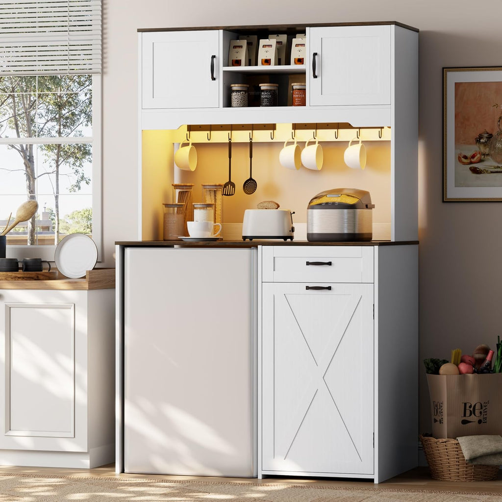 73'' White Pantry Cabinet with Fridge Space - Farmhouse Kitchen Pantry Storage Cabinet with Outlet & Led Light, Tall Pantry Cabinet with Hooks & Shelf Guardrail, Kitchen Hutches with Microwave Stand