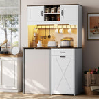 73'' White Pantry Cabinet with Fridge Space - Farmhouse Kitchen Pantry Storage Cabinet with Outlet & Led Light, Tall Pantry Cabinet with Hooks & Shelf Guardrail, Kitchen Hutches with Microwave Stand
