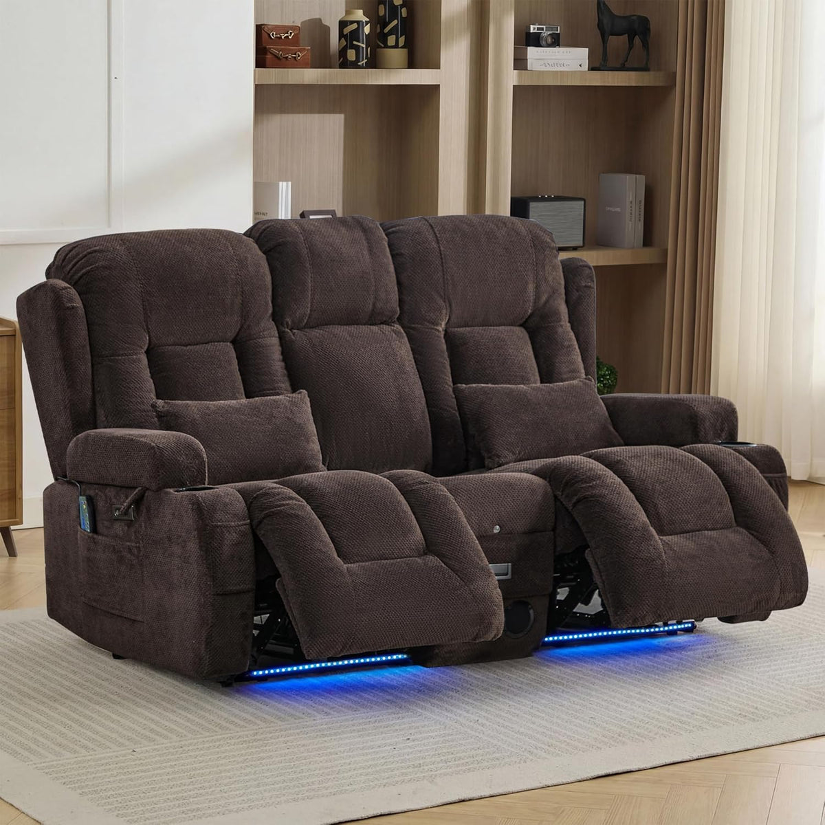 TUNYI Wall Hugger Loveseat Recliner Sofa with Console, Power Reclining Loveseat RV Couch with Massage & Heat/USB/Outlet/Storage/LED Light/Speaker (Brown, 2 Seat with Console)
