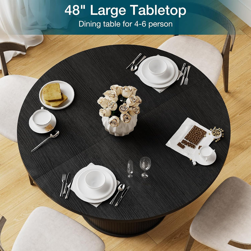 HOMMPA 48'' Round Dining Table for 4-6 Kitchen Table Circle Dinner Table with Wood Strip Base for Kitchen Dining Living Room Black