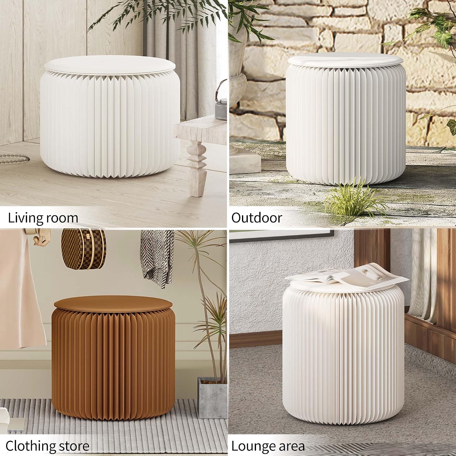 Folding Paper Stool, Heavy Duty 660 lb Load Capacity, Foldable Honeycomb Design Eco-Friendly Kraft Paper, Modern Minimalist Brown Seat for Living Room Home Office Camping (White, H38-D36)