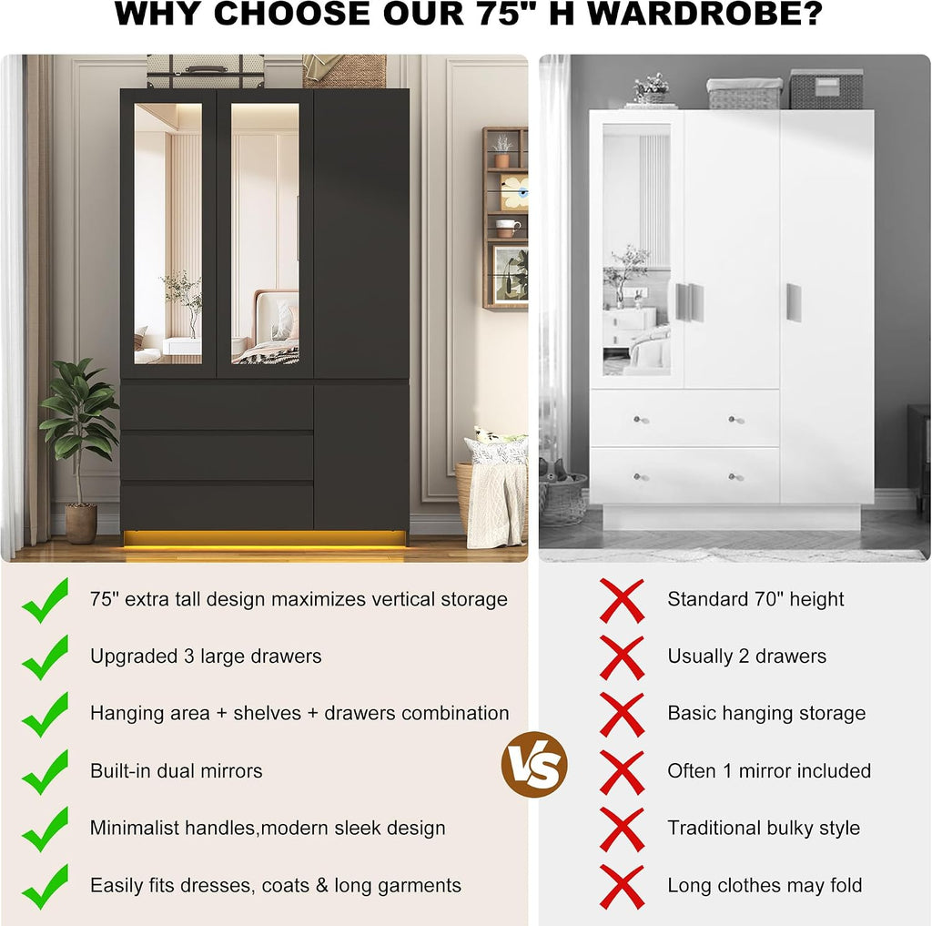 75"H Tall Modern 3 Doors Wooden Armoire Wardrobe Closet with 3 Drawers & 2 Mirror,Clothing Storage Cabinet with Hanging Rod,Bedroom Large Freestanding Armoires with Led Lights for Bedroom,Black