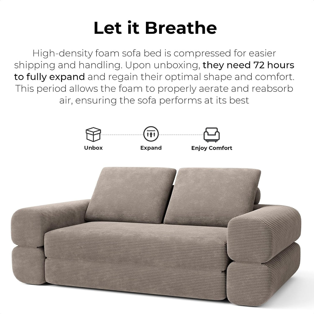 LIKIMIO FlipNest Convertible Sleeper Sofa Bed Floor Sofa 3-in-1 No Assembly, Foldable Mattress with Corduroy Upholstery Light Brown, Lounge Loveseat Couch for Living Room Studio Guest Room