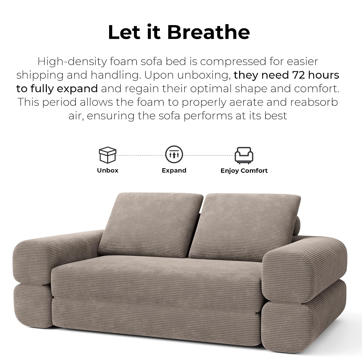 LIKIMIO FlipNest Convertible Sleeper Sofa Bed Floor Sofa 3-in-1 No Assembly, Foldable Mattress with Corduroy Upholstery Light Brown, Lounge Loveseat Couch for Living Room Studio Guest Room