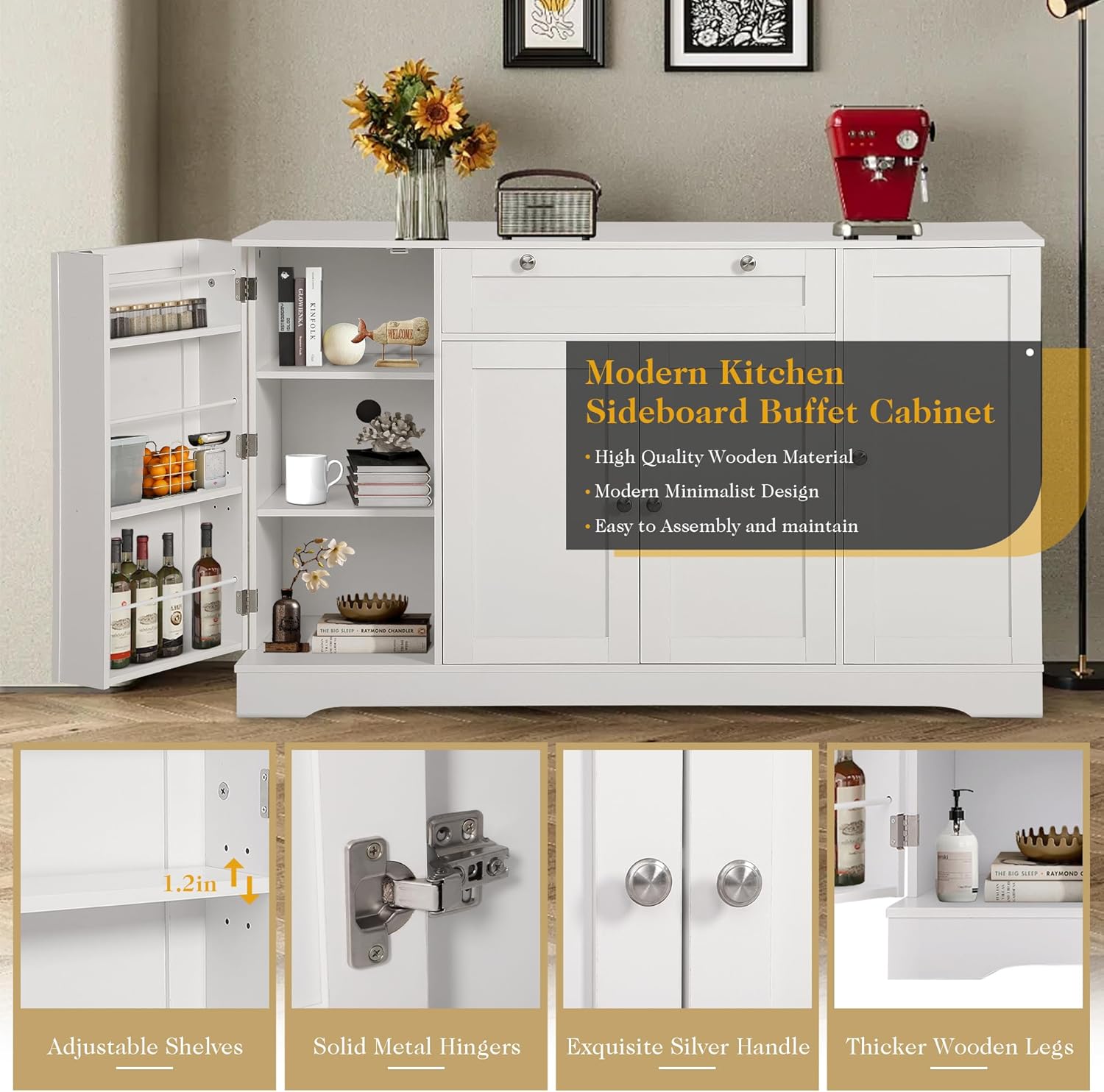 TITIMO 54" Sideboard Buffet Cabinet with Storage, Farmhouse Kitchen Storage Cabinets with Drawer, Wood Coffee Bar Cabinet with Adjustable Shelves, Pantry Cabinets for Living Room (White)