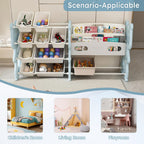 Runboll Kids Toy Storage Organizer with 2 Tier Bookshelf and 12 Bins, Multi-Purpose Children's Toy Shelf Organizer with Bins for Playroom, Bedroom, Nursery, Living Room