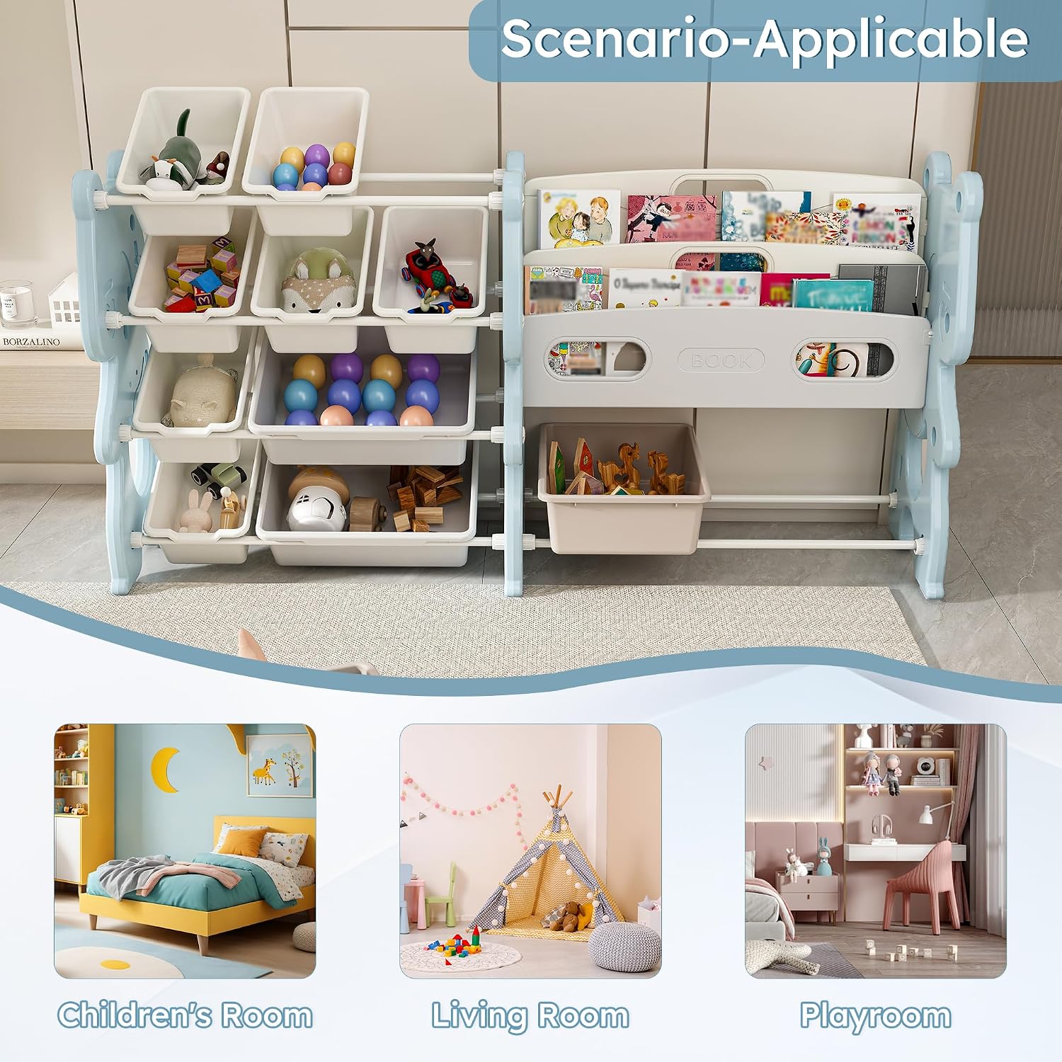 Runboll Kids Toy Storage Organizer with 2 Tier Bookshelf and 12 Bins, Multi-Purpose Children's Toy Shelf Organizer with Bins for Playroom, Bedroom, Nursery, Living Room