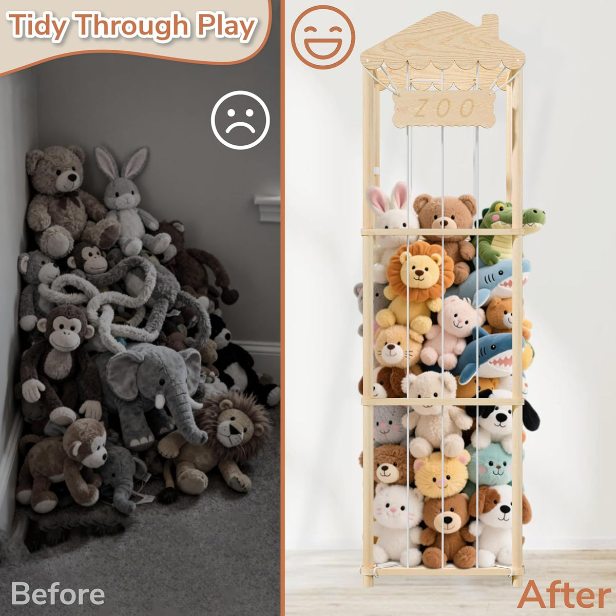 AMBIRD Stuffed Animal Storage, Wood Stuffed Animal Zoo Holder, Large Kids Toy Organizers, Plushies Storage for Boys Girls Bedroom, Playroom, Nursery (15.75 x 15.75 x 55 inch)