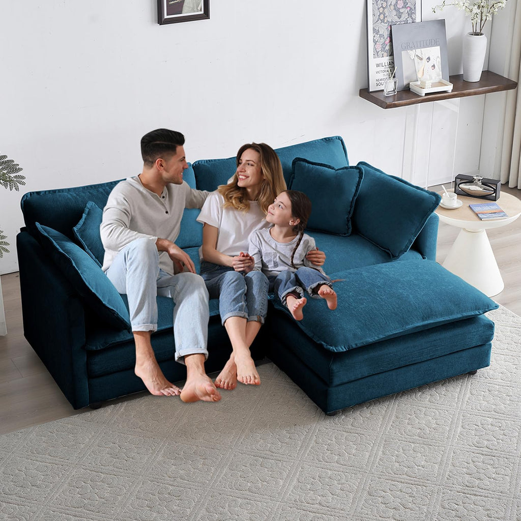 Modular Sectional Sofa with Ottoman, 76.7" Modern L Shaped Sectionals Cloud Couch, Comfy Couch Loveseat, 3 Seat Chenille Deep Seat Sofa with Pillow for Living Room, Bedroom Apartment,Small Spaces-Blue