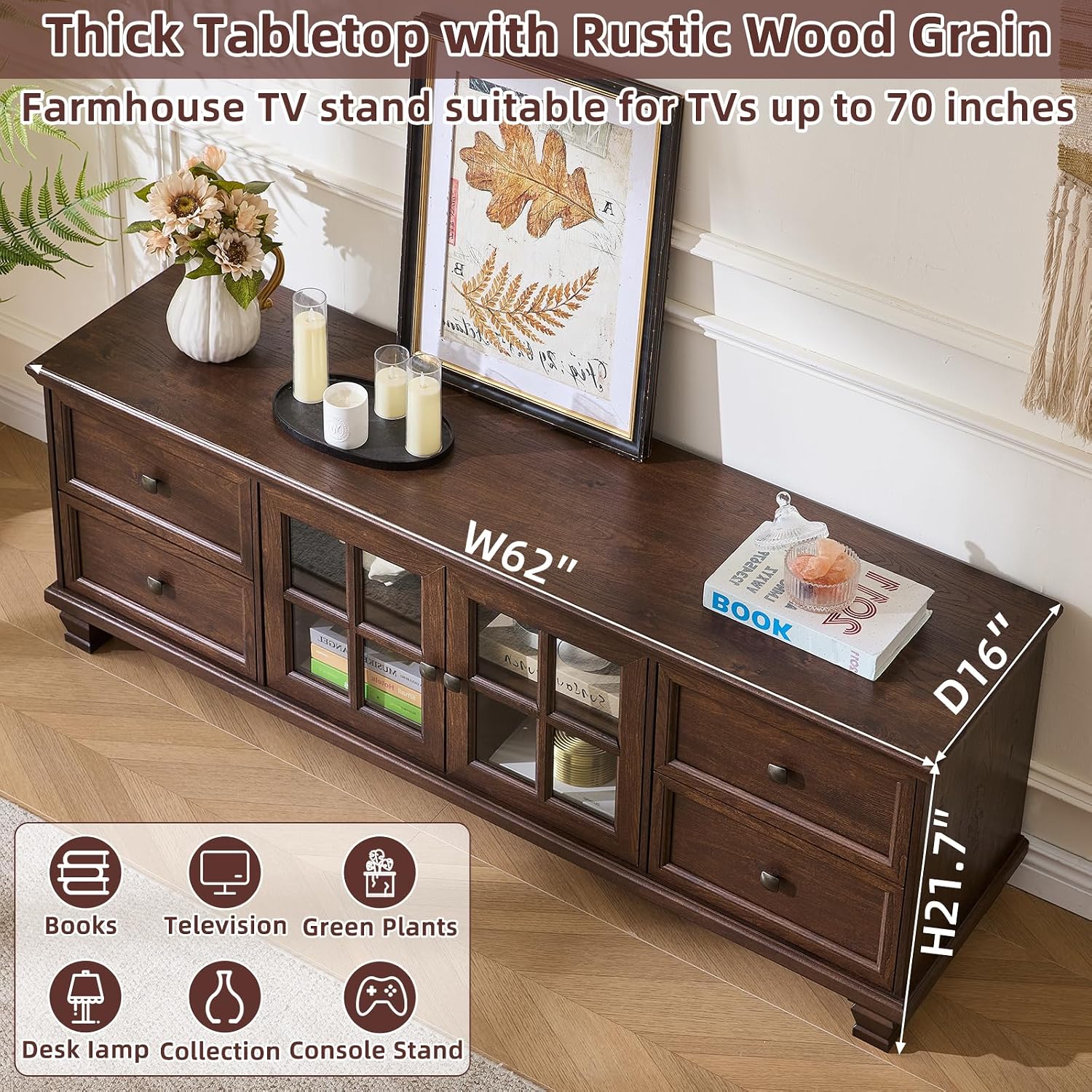 SAVOR LIFE Farmhouse TV Stands for Living Room, Walnut | Heavy-Duty Rustic Entertainment Center with 4 Drawers & Thickened Top & Square Wooden Legs for 65 Inch TV