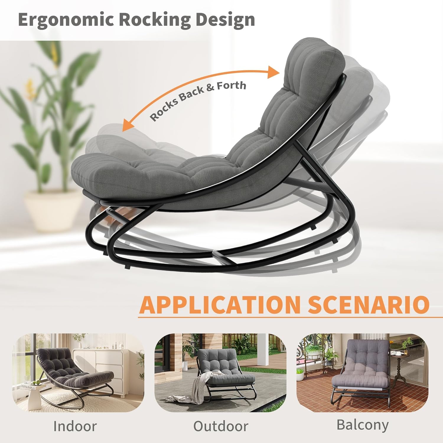 GarveeTech Outdoor Papasan Rocking Chair, Oversized Egg Rocker with Adjustable Swing & Waterproof Cushion, 450 lbs Capacity Metal Frame for Patio, Porch, Garden, Dark Gray