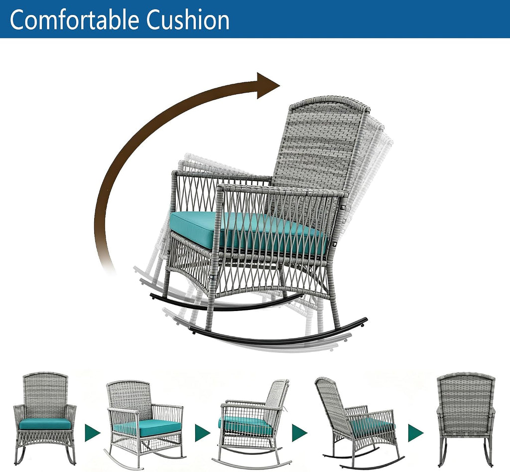 DECMICO Outdoor Rattan Wicker Rocking Chair, 3 Pieces Patio Conversation Furniture Bistro Sets with Side Table and Cushions for Porch Garden and Balcony