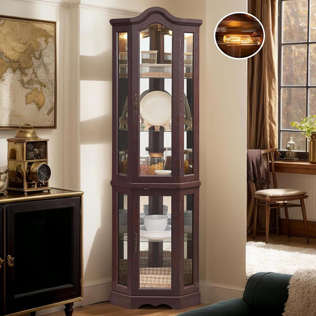 Lighted Corner Curio Cabinet 70.5" Tall Wooden China Cabinet with Tempered Glass Doors, Freestanding Glass Display Case Wine Cabinet Storage Rack for Bar and Liquor Storage (Dark Cherry)
