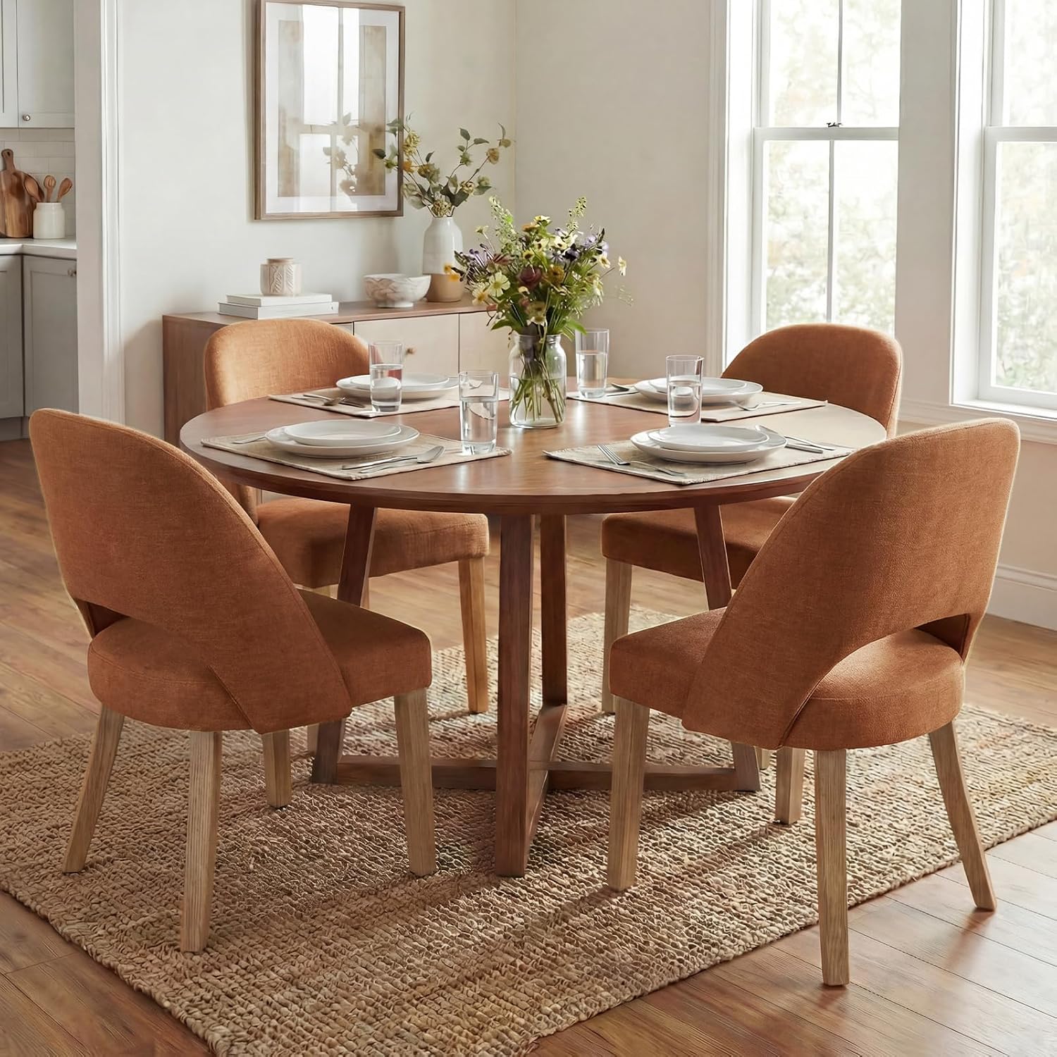 Wooden Dining Chairs Set of 2, Upholstered Modern Chenille Dining Room Chair Kitchen Chairs, Comfy Farmhouse Dinner Chair for Kitchen Dining Room, Orange