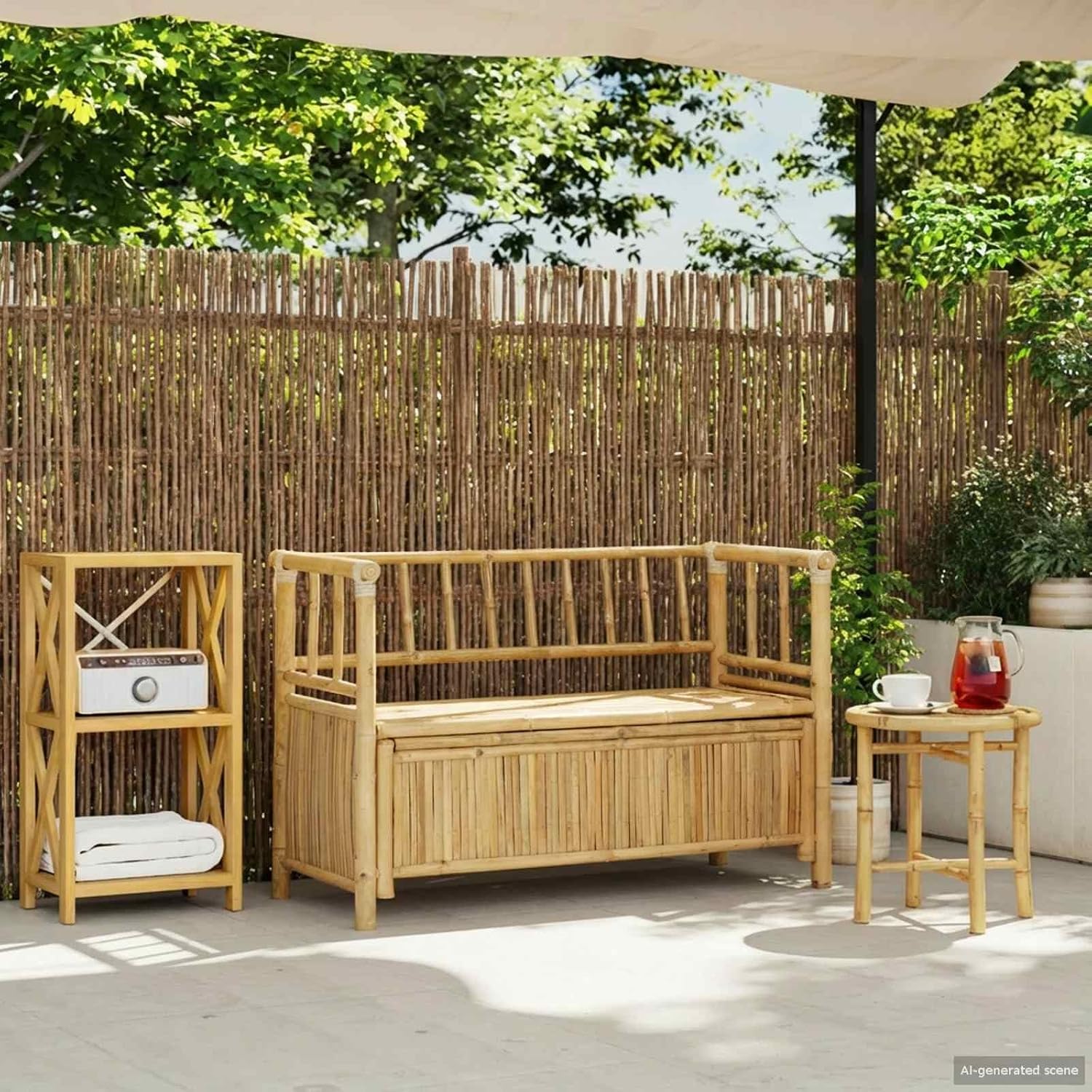 Bamboo Garden Storage Bench 110x47x80 cm, Outdoor Storage Bench with Hidden Compartment, Natural Finish Post Leg Design for Patio