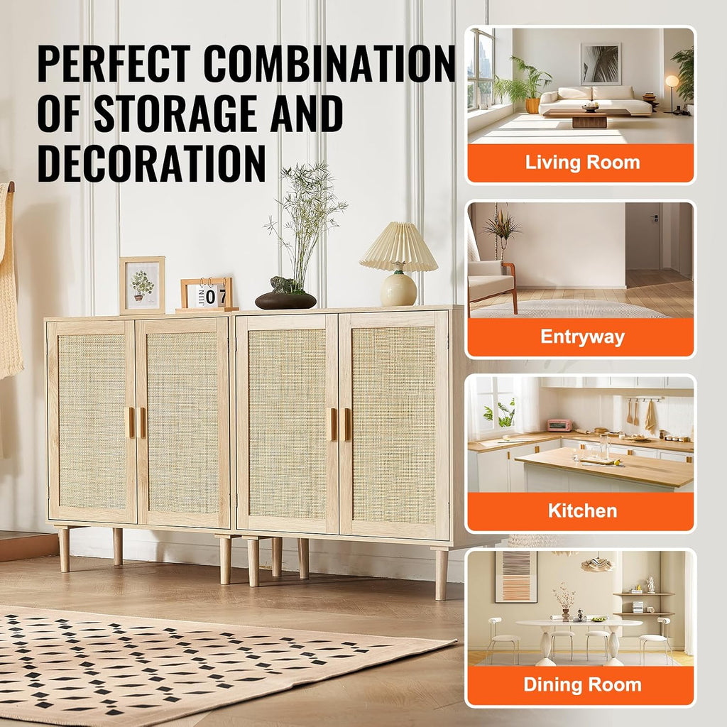 VEVOR Rattan Buffet Cabinet with Storage, 4 Magnetic Doors and Adjustable Shelves, Sideboard for Hallway, Living Room, Kitchen, Natural