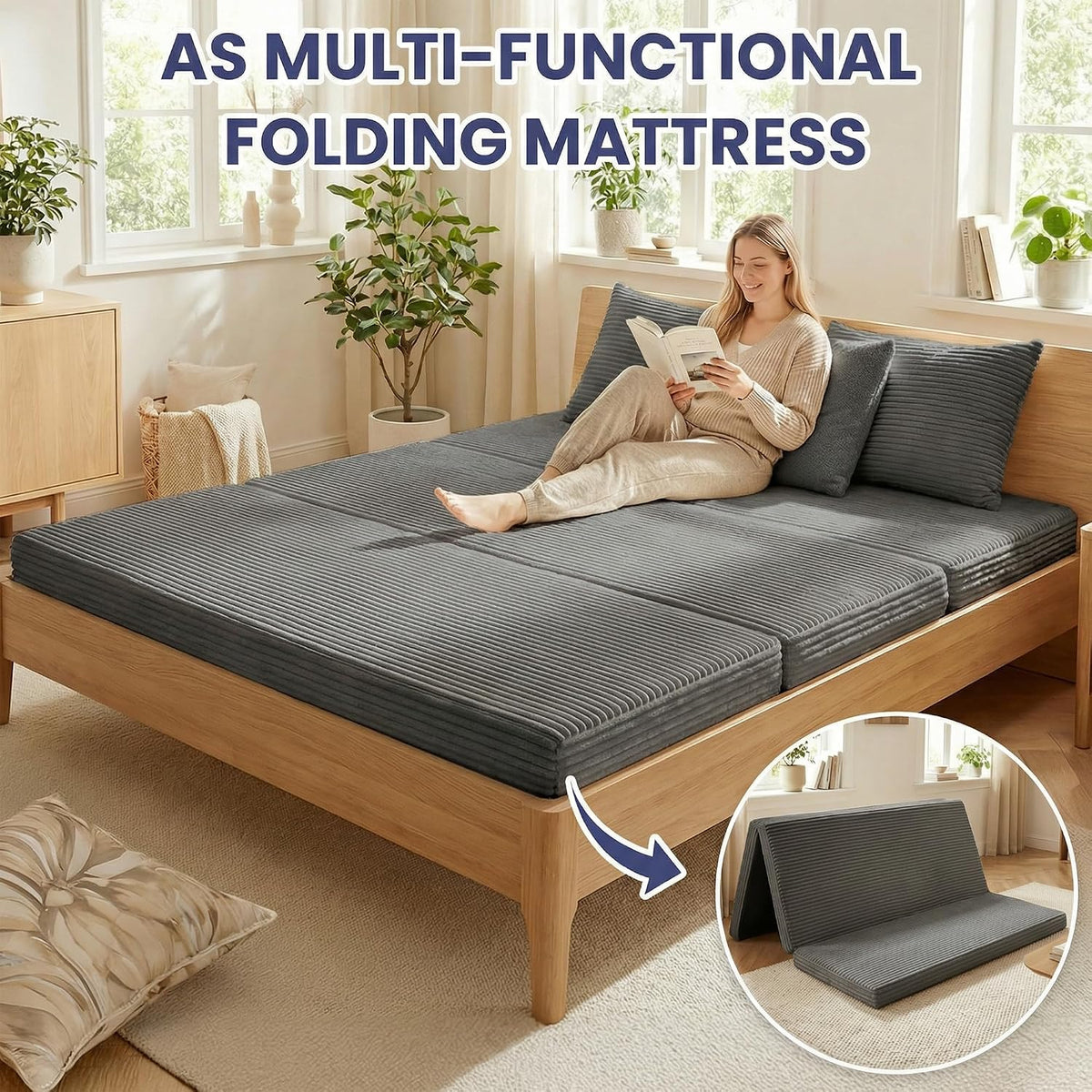 Convertible Sofa Bed, 4-in-1 Loveseat with Removable Armrests Backrest, Corduroy Futon Couch Bed with Pillow, Foldable Mattress Sleeper Sofa for Living Room Bedroom Small Place (Grey)