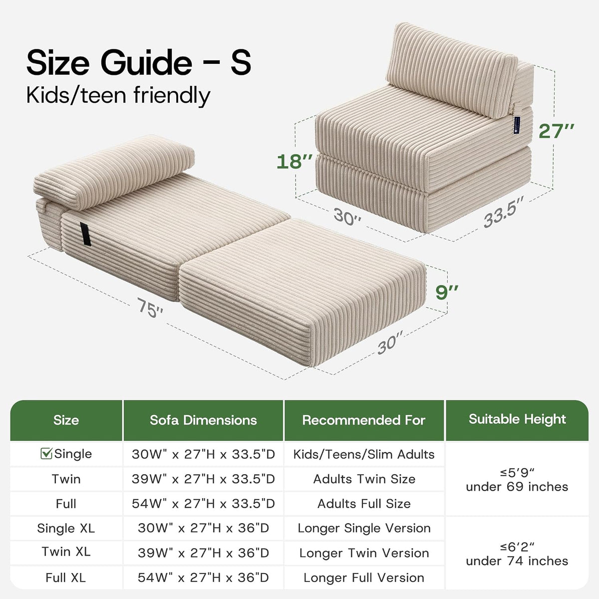 Convertible 4-in-1 Folding Sofa Bed Sleeper Chair, Single Beige | MEGAYES Foldable Chaise Couch Lounger & Mattress Pocket Coil+Foam Fill Medium Support, No Assembly for Living Room/Bedroom