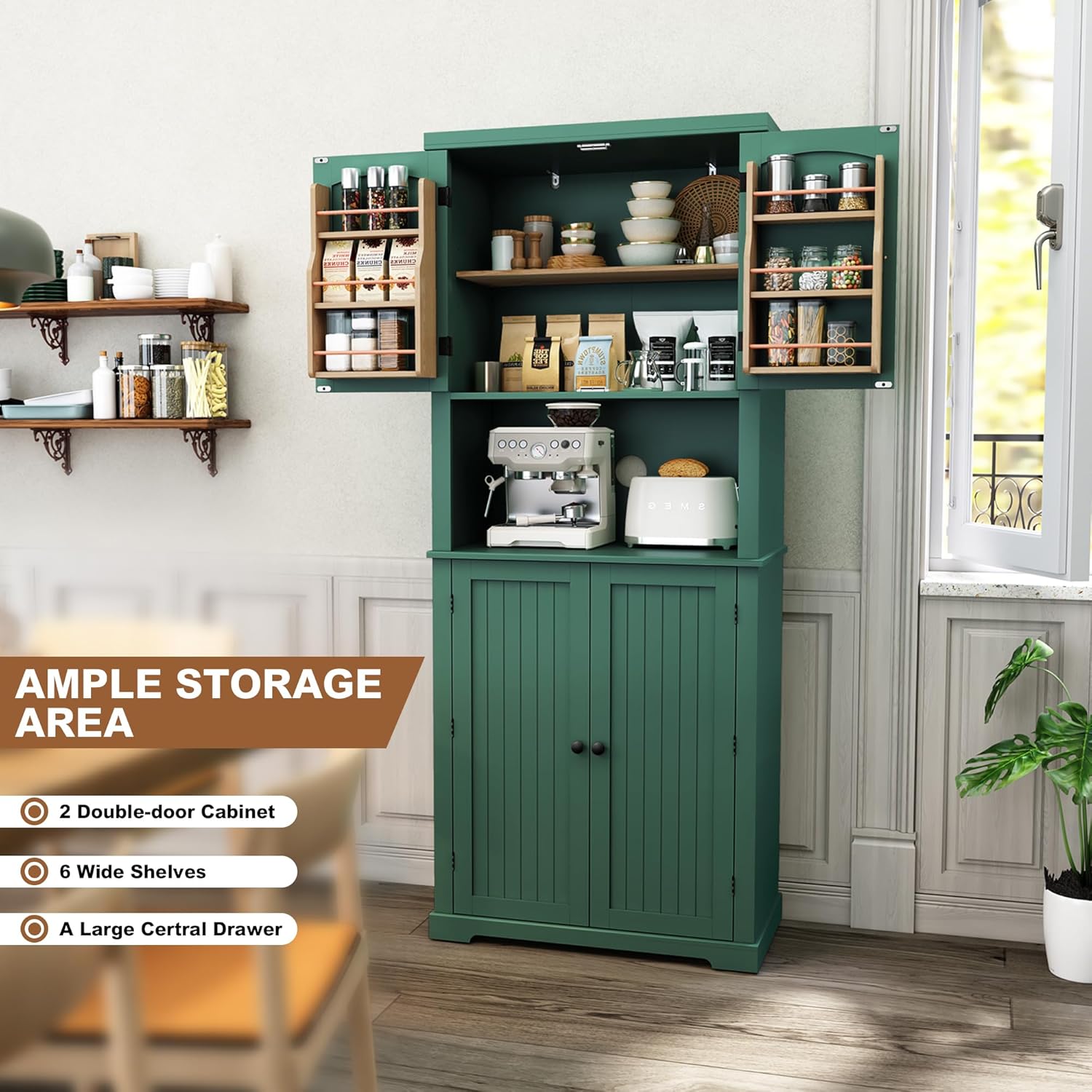 HLR 72" Kitchen Pantry Storage Cabinet with Open Countertop, Freestanding Larder Cupboard with Microwave Stand, Utility Laundry Room Storage Cabinet with Doors and Shelves for Dining Room, Living Room