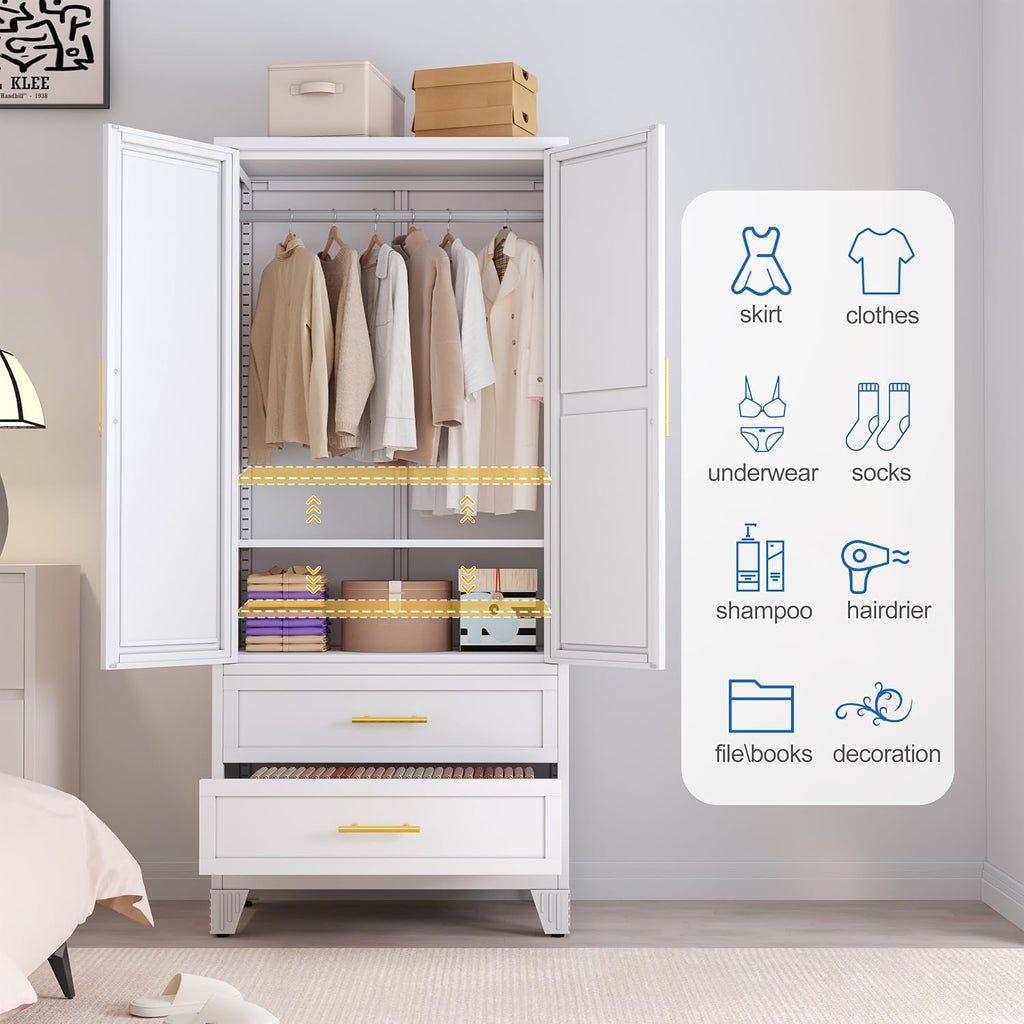 GAIOUS Steel Armoire Wardrobe Closet with Mirror and 2 Drawers 71" White | Clothes Storage Cabinets with 2 Doors, 1 Adjustable Shelf, Metal Wardrobe Cabinet with Hanging Rod for Bedroom, Gym, Cloak