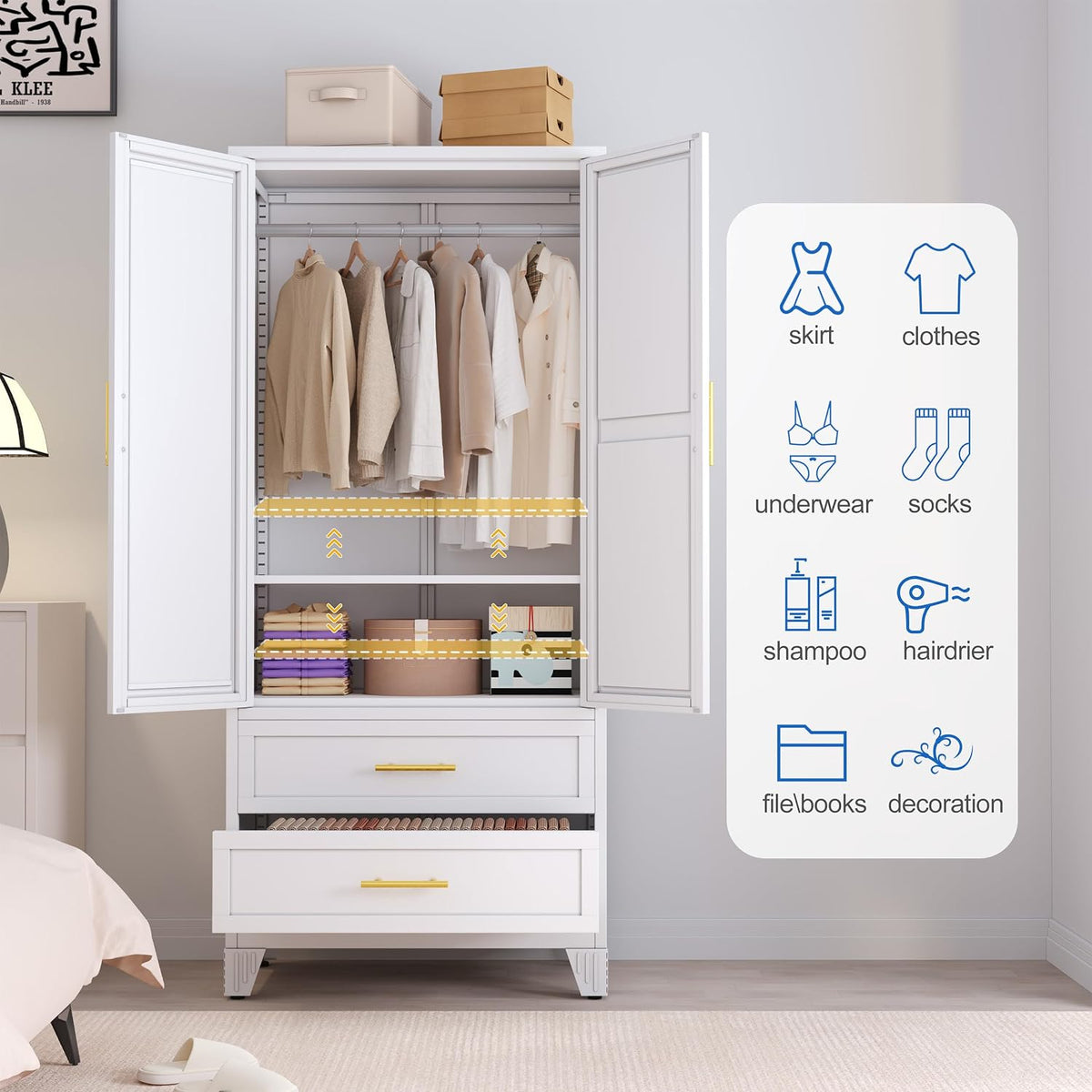GAIOUS Steel Armoire Wardrobe Closet with Mirror and 2 Drawers 71" White | Clothes Storage Cabinets with 2 Doors, 1 Adjustable Shelf, Metal Wardrobe Cabinet with Hanging Rod for Bedroom, Gym, Cloak