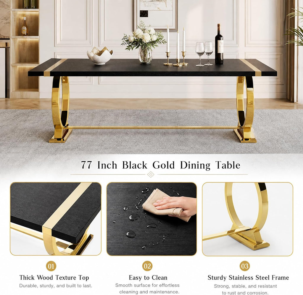 Asday 77" Wooden Dining Table for 6-8, Modern Rectangular Large Kitchen Table with Gold Polished Stainless Steel U-Shaped Base for DiningRoom Kitchen Dinner Home