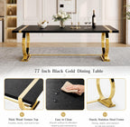 Asday 77" Wooden Dining Table for 6-8, Modern Rectangular Large Kitchen Table with Gold Polished Stainless Steel U-Shaped Base for DiningRoom Kitchen Dinner Home