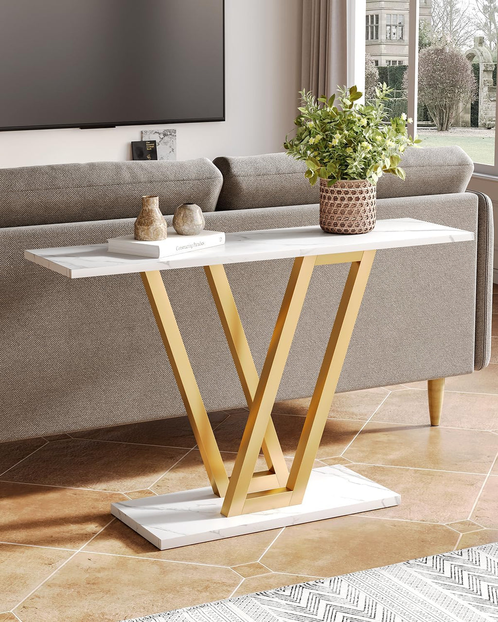 LITTLE TREE Console Table Hallway Table for Entryway 43 Inch Sofa Table Entryway Tables for Living Room, White & Gold
