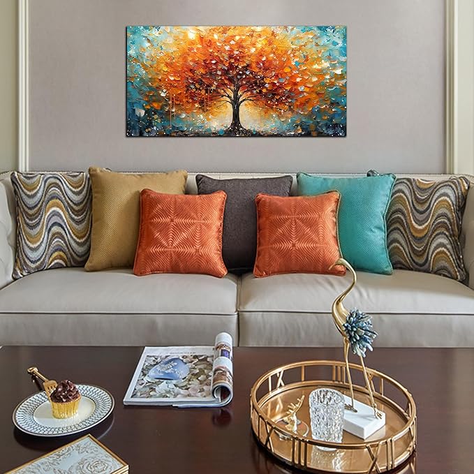 Zoyotago Large Canvas Wall Art Orange Yellow Tree Picture Modern Canvas Prints Ready to Hang for Bedroom Living Room Size 20x40