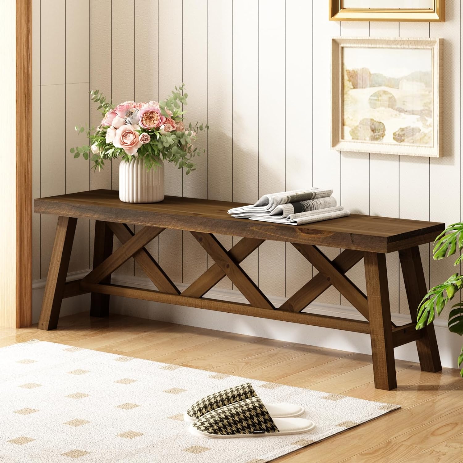 Wnutrees 54" Farmhouse Wood Bench, Rustic Solid Wood Entryway Bench Seat with Double X-Structure for Dining Area Living Room Hallway, Structural Stability, Natural