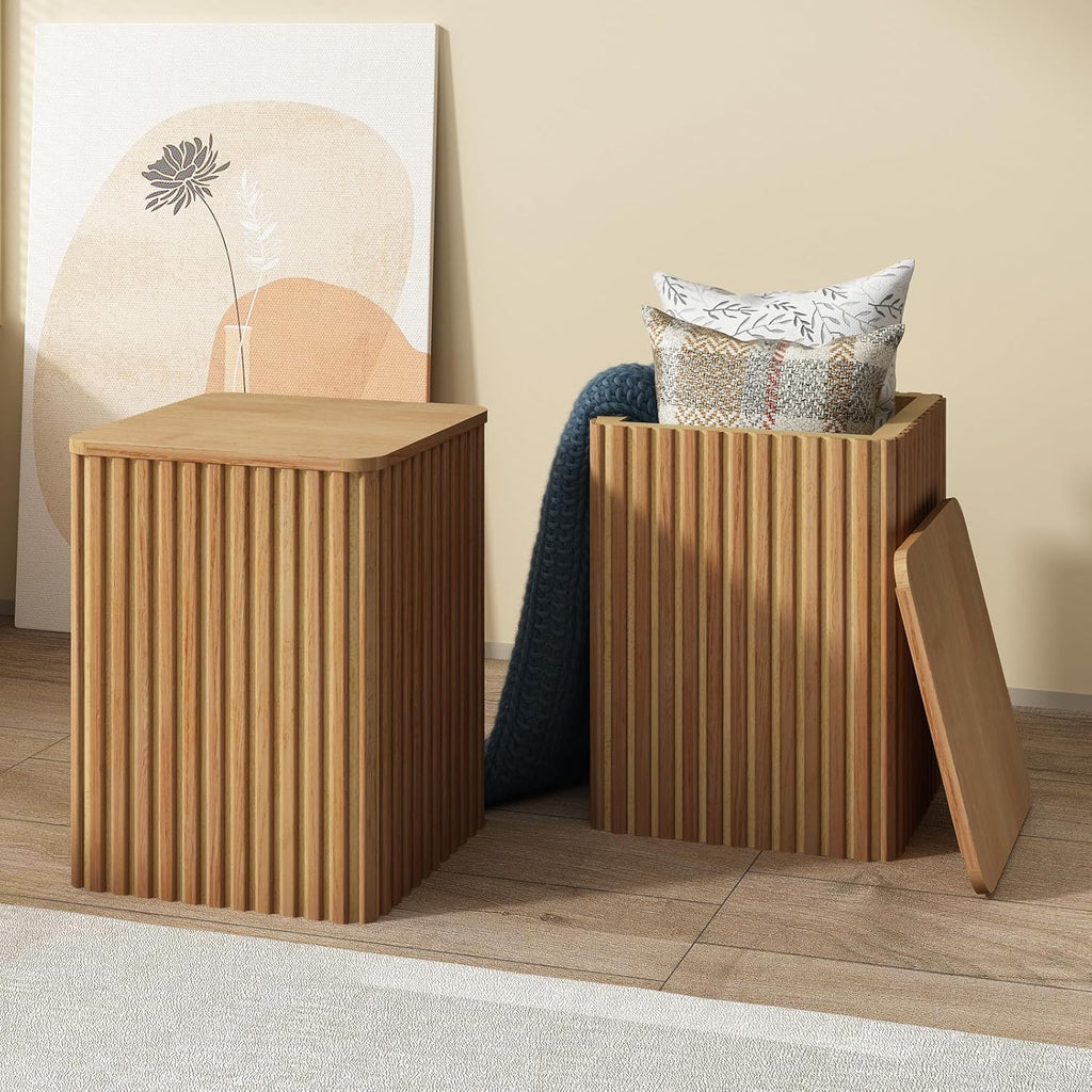 HOKYHOKY Fluted Side Table with Storage – Small Square End Table with Solid Wood Veneer Top, Modern Farmhouse Pedestal Drink Table for Living Room, Couch, Sofa – Natural