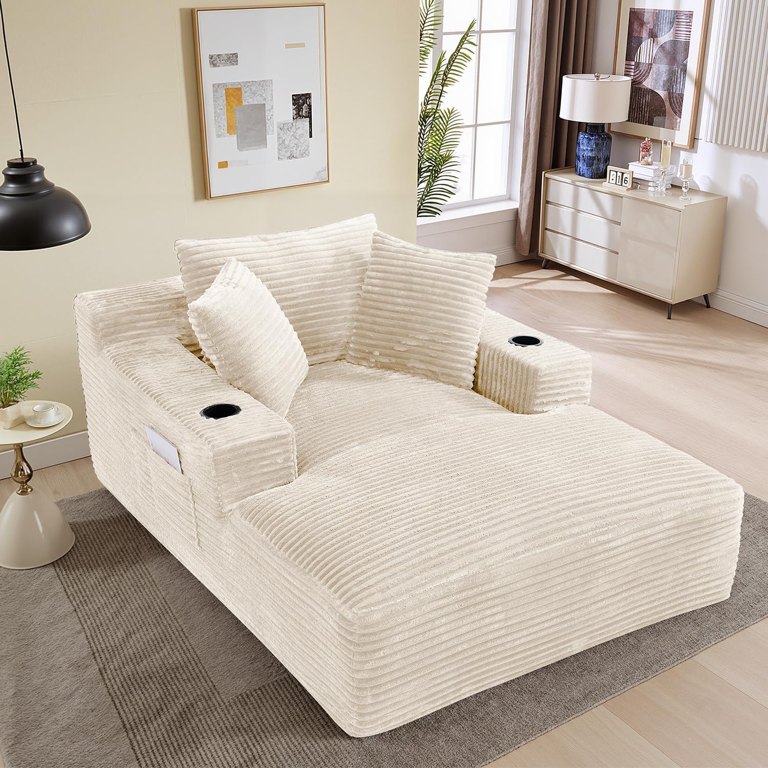 50" x 68" Corduroy Chaise Lounge, Cup Holders, Beige | Oversized corduroy chaise with a deep sleeper seat, built-in cup holders, and 3 pillows for reading, lounging, or naps.